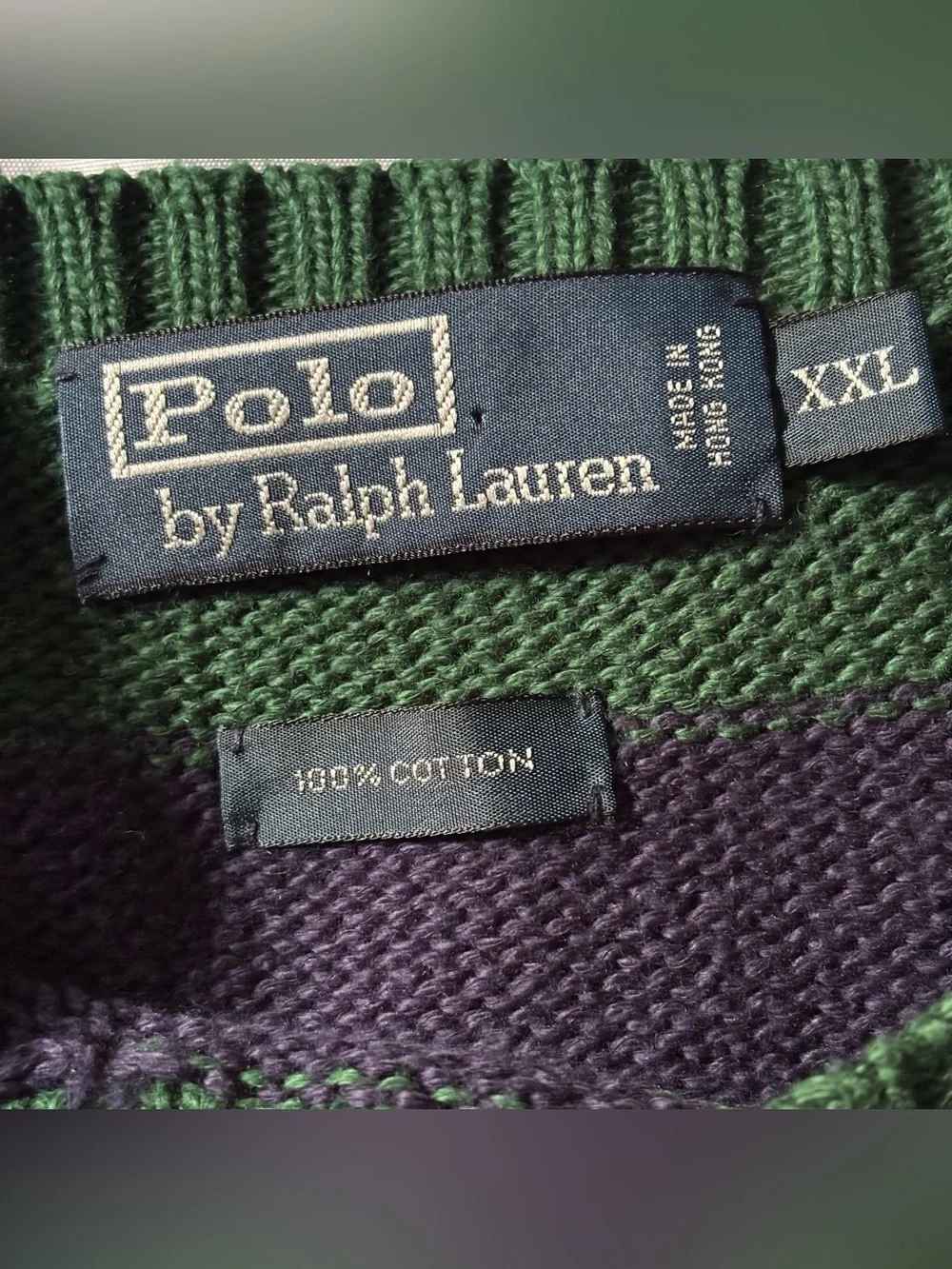 Vintage 90s Polo Ralph Lauren Mens Sz XXL Blue Green Striped Cotton Knit Sweater